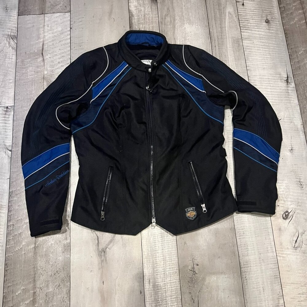 Harley-Davidson Black and Blue Sporty Jacket with Stand-Up Collar